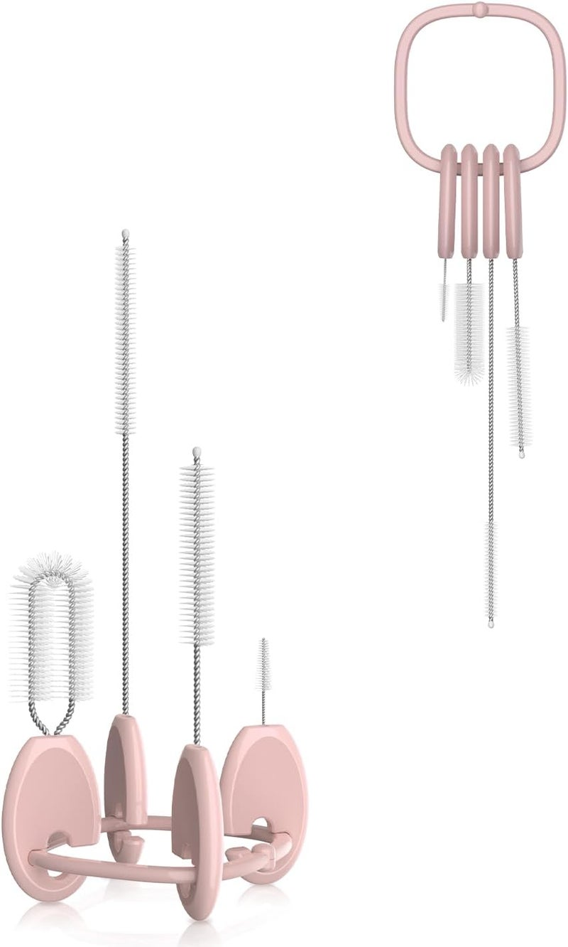YOTIME Standing Straw Cleaner Brush Set, 4in1 Reusable Straw Brushes with Holder Ring, for Baby Bottles, Sippy Cups and Lids, Pink - Image 1
